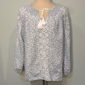 Joie Tie Front cotton/linen embroidered  smocked Blouse with Relaxed Fit Size M